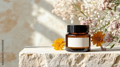 realistic label mockup on amber glass jar placed on smooth stone surface, label space centered and blank, natural daylight, minimal shadows, matte texture finish, clean product presentation
