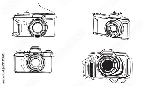 Vintage camera with outline. 35 mm retro film photo camera. Photography studio concept. DSLR big lens. Mirrorless photo device with old look. T shirt design element. Vector illustration,flat, clip art