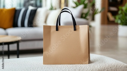 Wallpaper Mural mockup of flat paperboard packaging with cut-out handle, lying on a soft beige textile surface, well-lit with ambient natural light, matte finish, blank space for branding, realistic material Torontodigital.ca