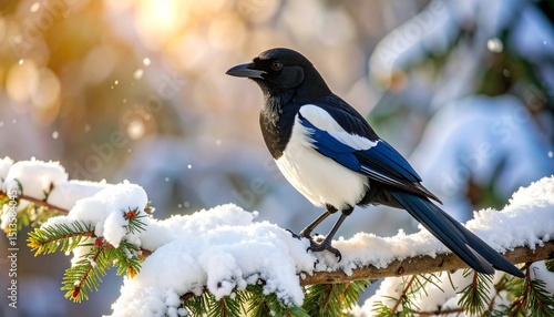 Pie bavarde adulte posée sur une branche enneigée. Generated Image