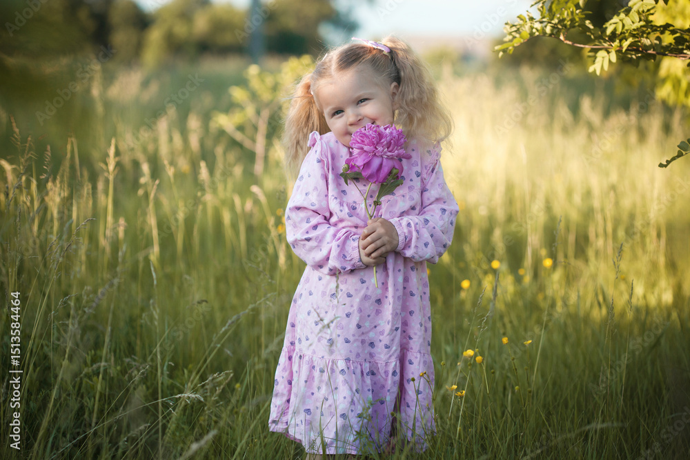 cheerful 3-year-old girl with pigtails in a pink dress with a peony walks in a village meadow cheerful 3-year-old girl with pigtails in a pink dress with a peony walks in a village meadow