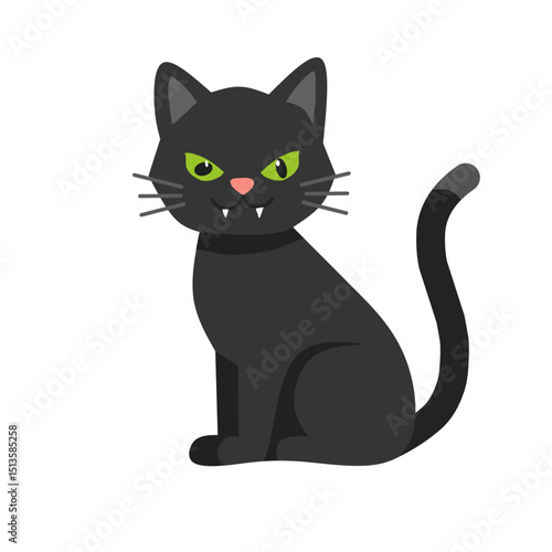 illustration of a black cat with green eyes and sharp teeth. Great for Halloween themes, pet icons, cartoons, or mystical character designs