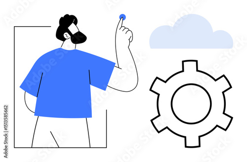 Man touching button, large gear, cloud icon in minimal blue-black design. Ideal for cloud computing, automation, technology, innovation, workflow optimization, digital processes simple landing page