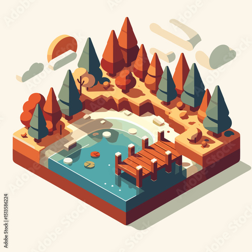 Forest landscape with pond and wooden dock in autumn  