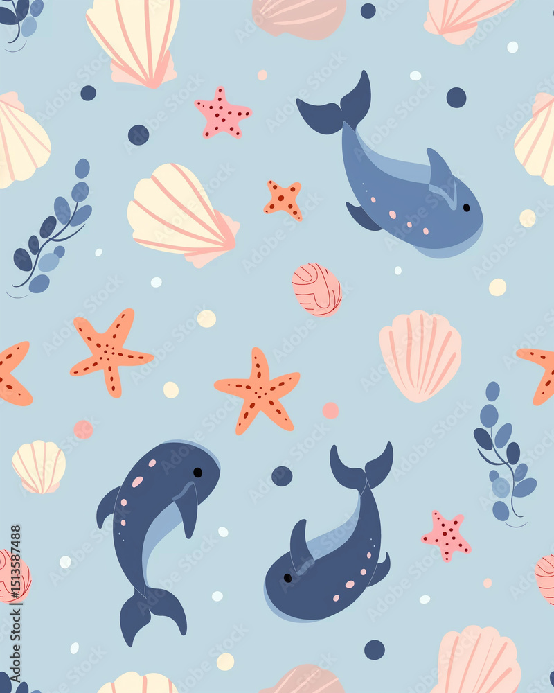 Fototapeta premium flat vector of marine animals in minimal style, whales, starfish, shells on pale blue, baby products print