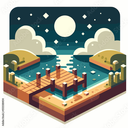 Stylized dock on tranquil water under moonlit sky with clouds  