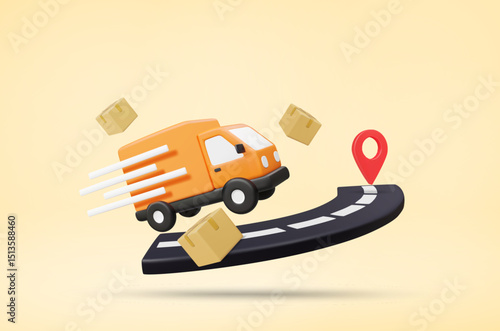 3D Vector Illustration Render of Orange Delivery Truck, Speeding on Floating Road with Parcel Box and Coordinate Pins. Fast Parcel Delivery Concept and Real Time Tracking Delivery Service.