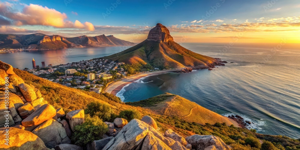 Obraz premium panoramic view of lions head mountain in cape town at sunset with a golden glow on the rocks and a calm sea in the background