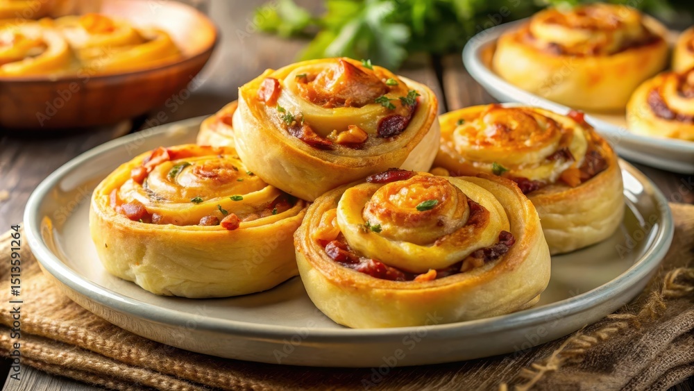A golden brown bacon cheddar cheese pinwheel being carefully placed on a serving plate for presentation A golden brown bacon cheddar cheese pinwheel being carefully placed on a serving plate for presentation