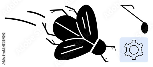 Flying insect in motion with dynamic lines, gear representing mechanics, creativity, stewardship, problem-solving, progress, precision, and control. Ideal for dynamics innovation ecology systems