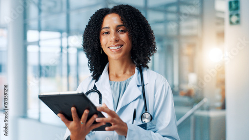 Fotografie Doctor, woman and smile with tablet in portrait, hallway and report for healthcare services at clinic