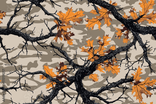 Camouflage background. Tree bark pattern. Hunting camouflage design. Seamless pattern. Forest background. Oak tree bark