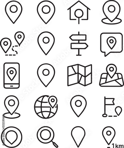 Location Web Icon Set in Line Style. Collection of Map Pin Linear Icons, Including Address, place, location, gps, directions, navigation, map, distance, map marker and More. Editable Stroke