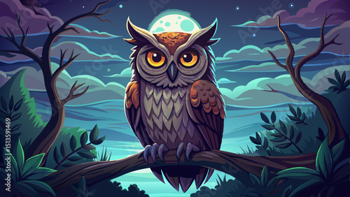 An owl sits quietly on a gnarled tree branch at dusk, its eyes glowing, representing wisdom, mystery, quiet observation, and the beauty of nocturnal animals in twilight hours.

