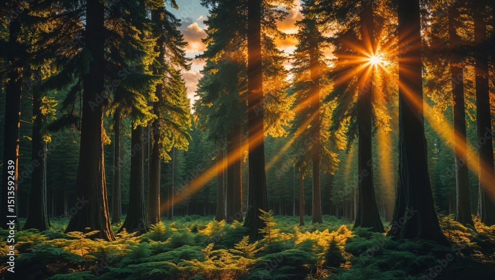 Obraz premium Captivating forest scene with sunlight streaming through towering trees at golden hour.