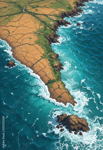 Vector coastline of Angola with stylized waves and rocky promontories.