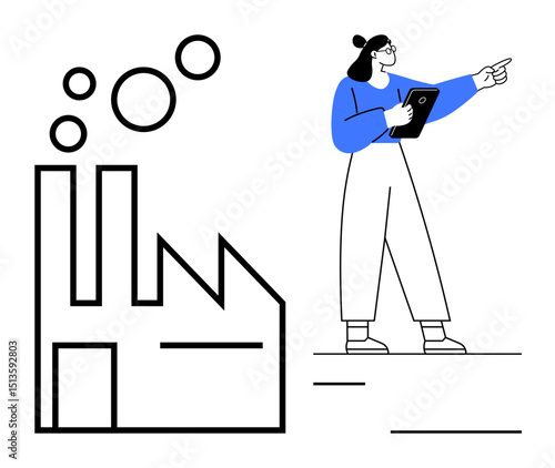 Factory structure producing smoke with a woman holding a tablet and pointing. Ideal for engineering, manufacturing, industry, innovation, quality control, process management, and simple landing page