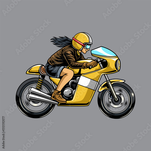 A Beautiful woman wearing open face crash helmet and sunglasses riding a yellow retro cafe racer motorcycle from side view, isolated cartoon illustration on a blue background
