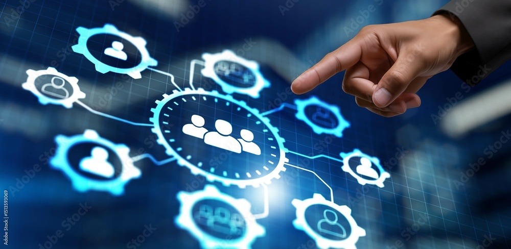 Fototapeta premium HR. Human resources management and recruitment concept. Double exposure network mixed media structure