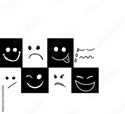 black and white background showing smiley face which expresses how you feel emotionally.  Sad Happy Excited  Angry.