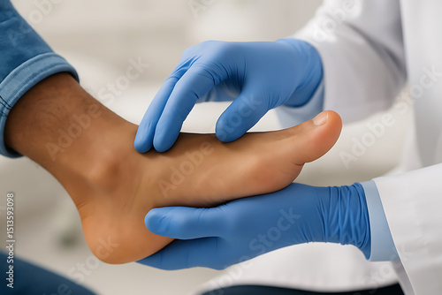 A healthcare professional wearing blue gloves examines a patient's foot, possibly for medical assessment or podiatric care.