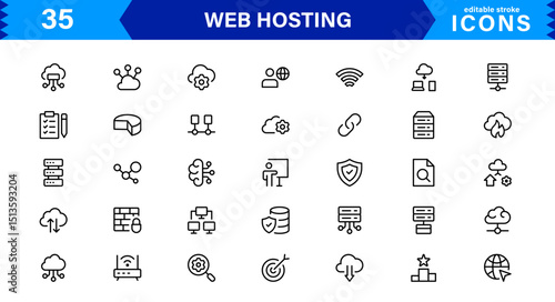Vector Icon Collection for Web Hosting Including Server Management, Cloud Hosting, Domains, Security, and Web Infrastructure Tools for Digital Assets