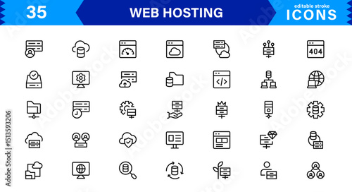 Vector Icon Collection for Web Hosting Including Server Management, Cloud Hosting, Domains, Security, and Web Infrastructure Tools for Digital Assets