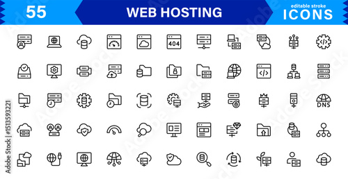 Vector Icon Collection for Web Hosting Including Server Management, Cloud Hosting, Domains, Security, and Web Infrastructure Tools for Digital Assets