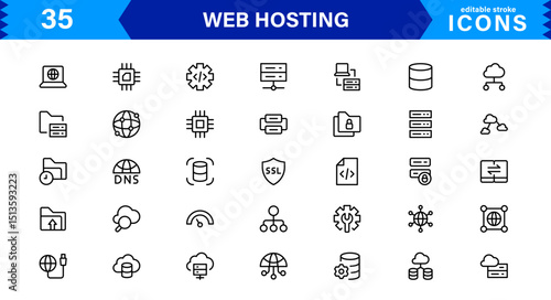Vector Icon Collection for Web Hosting Including Server Management, Cloud Hosting, Domains, Security, and Web Infrastructure Tools for Digital Assets