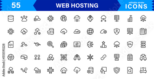 Vector Icon Collection for Web Hosting Including Server Management, Cloud Hosting, Domains, Security, and Web Infrastructure Tools for Digital Assets
