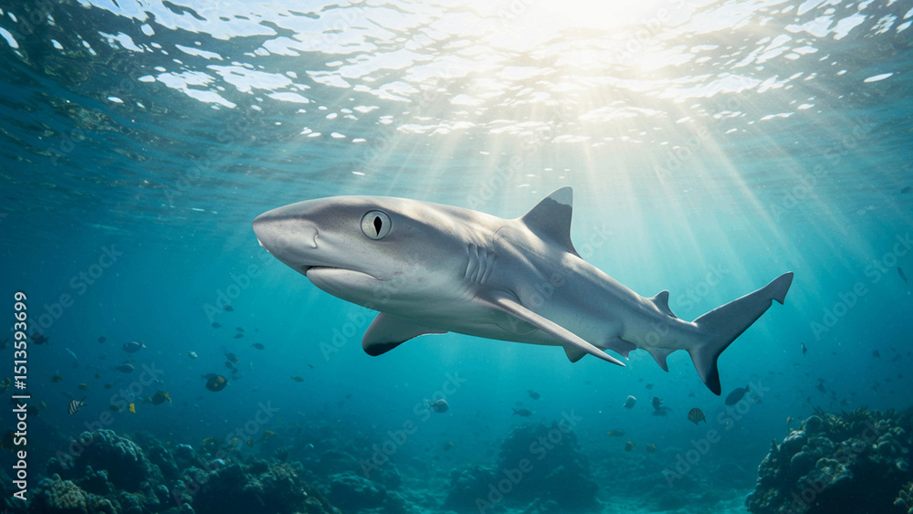 Fototapeta premium Great white shark swimming in blue tropical ocean water
