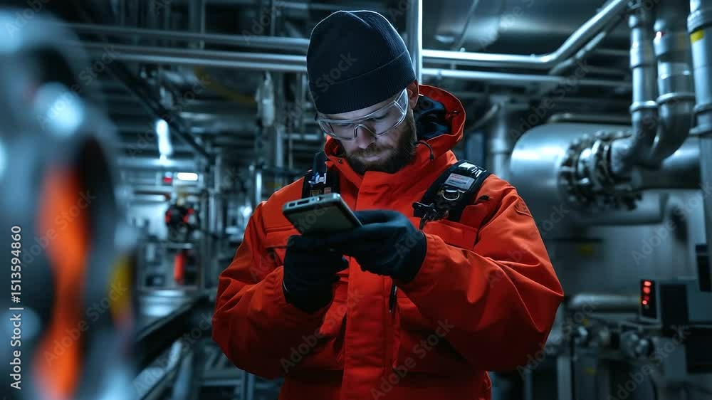 Technician with a handheld diagnostic device, scanning emergency venting systems along the LNG tank wall, surrounded by advanced monitoring equipment and dense metallic pipe networ Technician with a handheld diagnostic device, scanning emergency venting systems along the LNG tank wall, surrounded by advanced monitoring equipment and dense metallic pipe networ