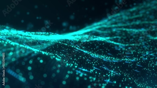 Abstract digital data wave with glowing particles and dynamic lines on a dark background, concept of technology and data visualization. 3d animation. Abstract high tech Artificial intelligence (AI)
