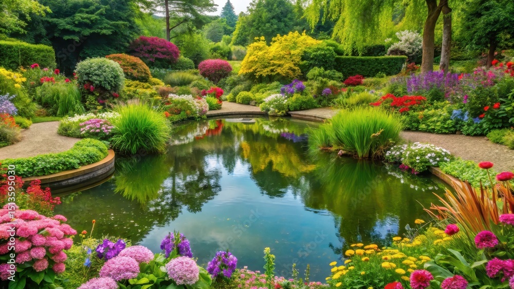 Fototapeta premium A serene garden with a tranquil pond surrounded by lush greenery and vibrant flowers