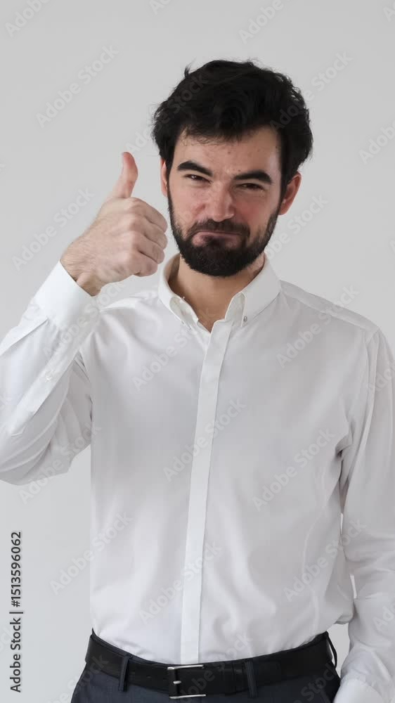 Cheerful man shows a thumbs-up and ok gesture on a white background, signaling success, confirmation, approval, and satisfaction with a positive and confident attitude. Vertical video. Cheerful man shows a thumbs-up and ok gesture on a white background, signaling success, confirmation, approval, and satisfaction with a positive and confident attitude. Vertical video.