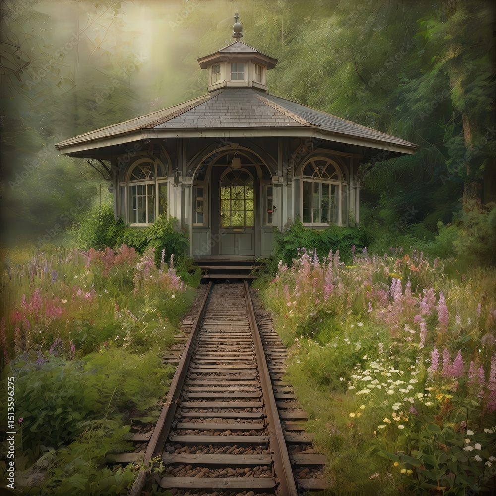 Fototapeta premium Charming garden railway station nestled in vibrant wildflowers at dawn