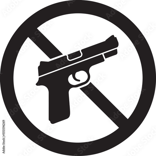 Black and White No Firearms Prohibition Symbol — Handgun Silhouette with Diagonal Cross in Circular Frame