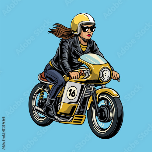 A Beautiful woman wearing open face crash helmet and sunglasses riding a yellow retro cafe racer motorcycle, isolated cartoon illustration on a blue background