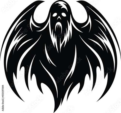 Monochrome Silhouette of a halloween Dark Fantasy Evil ghost with wings Creature Design