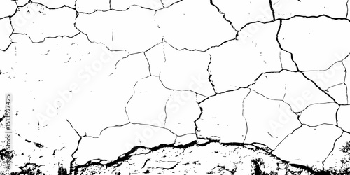 White cracked wall above  brick wall with  cracks and black spots creating  textured and  cracked surface with peeling and damaged texture