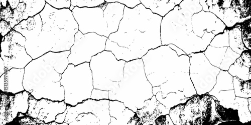 White cracked wall above  brick wall with  cracks and black spots creating  textured and  cracked surface with peeling and damaged texture
