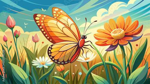 A delicate butterfly rests on a vibrant flower in a sunlit meadow, embodying transformation, peace, fragility, and the enchanting details found in simple, quiet moments in nature.

