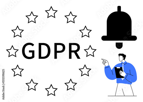 GDPR text encircled by stars, notification bell, man analyzing and pointing. Ideal for compliance, data privacy, notifications, law regulations, EU policy, data protection flat simple metaphor