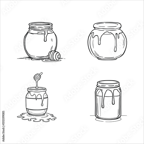Four honey jar illustrations with honey dripping and a honey dipper on a white background