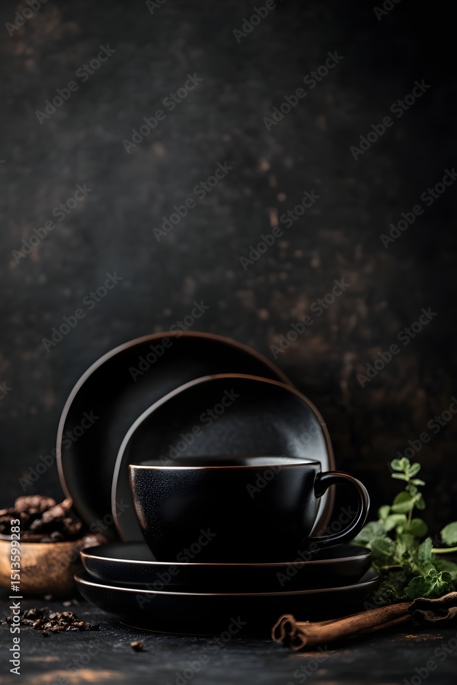 Fototapeta premium Dark moody aesthetic black coffee cup plates