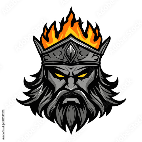 The Fiery King: A regal king, adorned with a crown engulfed in flames, embodies strength and power, with a stern gaze and a flowing beard. 