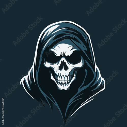 Sinister Apparition: A chilling skeletal figure, enveloped in a dark hood, gazes with hollow eyes, conveying a sense of mystery