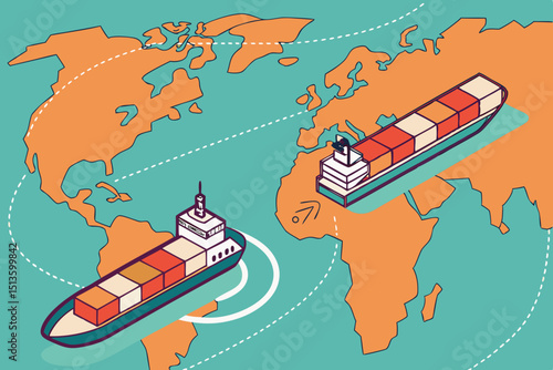 Global cargo shipping route with container ships over world map vector