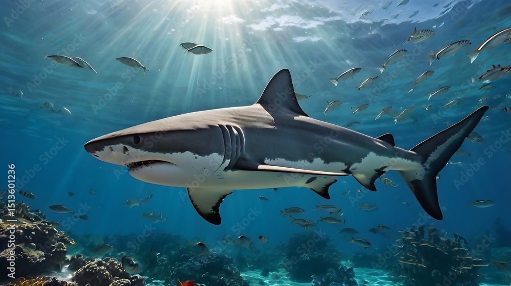 Obraz premium Great White Shark Swimming Over Coral Reef in Clear Blue Ocean