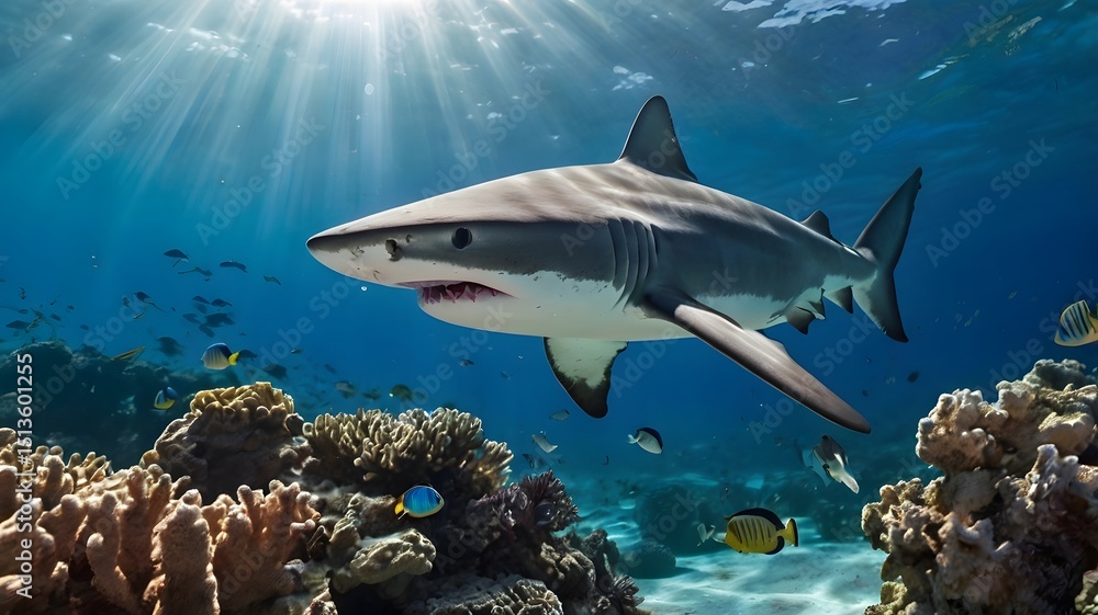 Fototapeta premium Great White Shark Swimming Over Coral Reef in Clear Blue Ocean